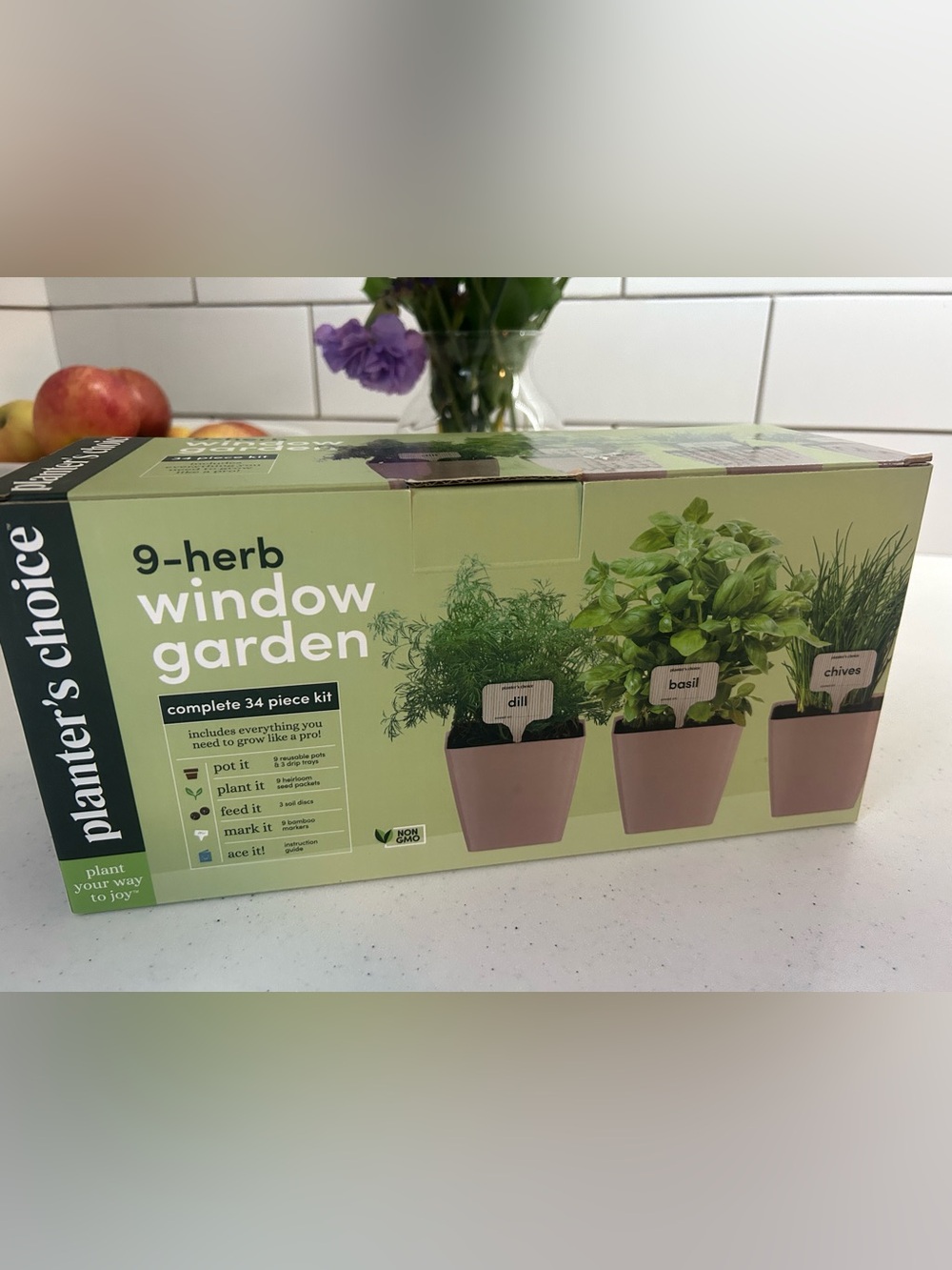 planter's choice 9-Herb Window Garden - Green Box with Pink Pots